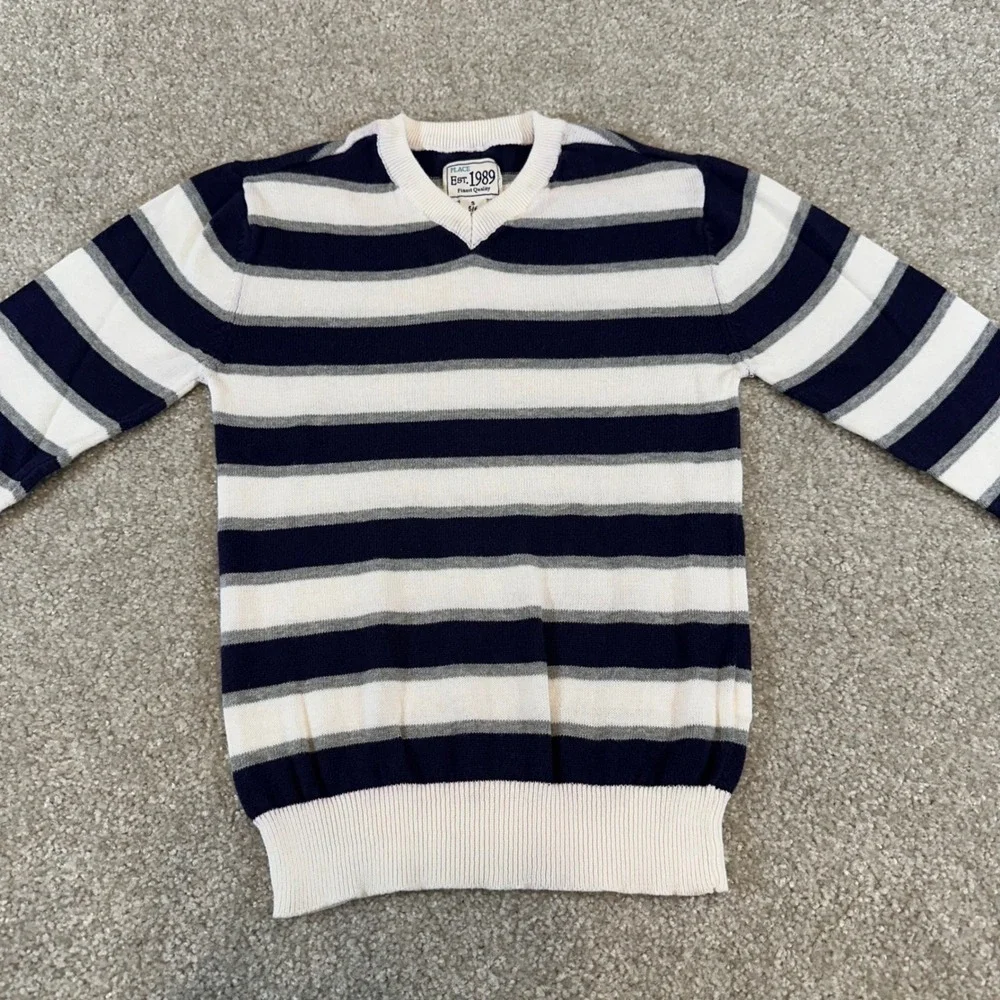 The Children's Place Boys Striped V-Neck Sweater Navy Grey Size S 5/6‎ Cotton
